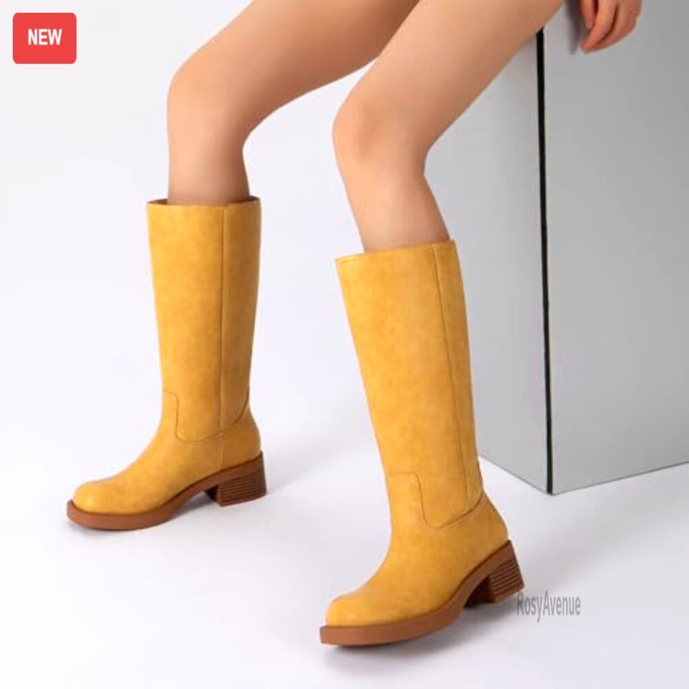 Knee High Square Toe Boots Chunky Heel Slip On Riding Boots Women's - Picture 3 of 7